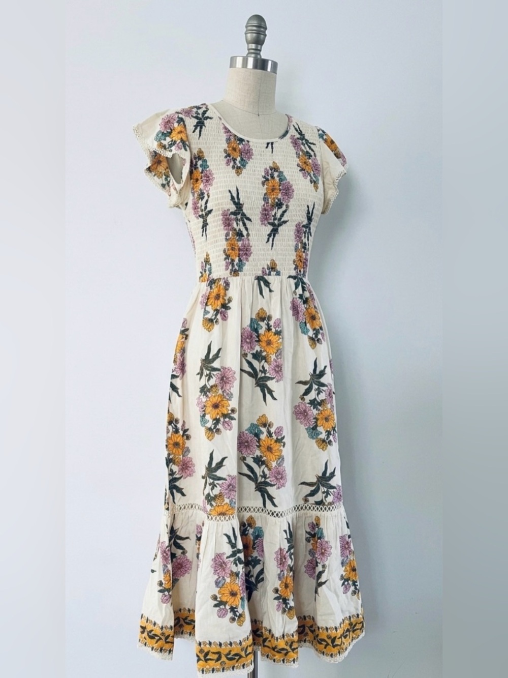 Patrons of Peace Cream Floral Dress with Yellow, Lavender & Green Accents